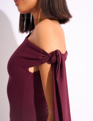 Knot Detail Asymmetric One Shoulder Luxe Slinky Top Burgundy