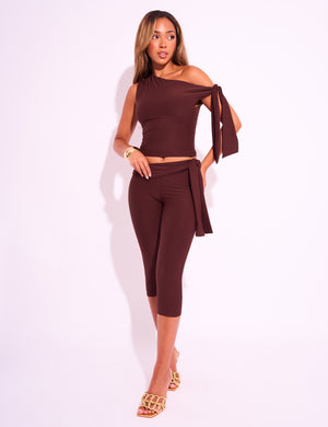 Knot Detail Asymmetric One Shoulder Luxe Slinky Top Chocolate