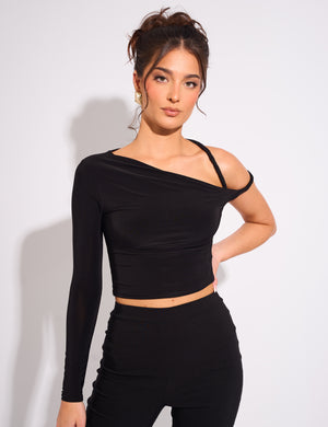 Slinky Twist Strap Asymmetric Luxe Top Black