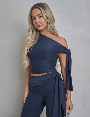 Knot Detail Asymmetric One Shoulder Luxe Slinky Top Navy