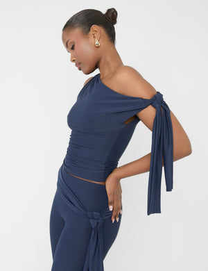 Knot Detail Asymmetric One Shoulder Luxe Slinky Top Navy