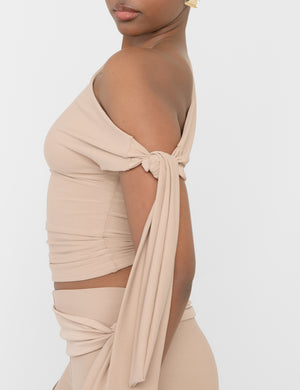 Knot Detail Asymmetric One Shoulder Luxe Slinky Top Latte