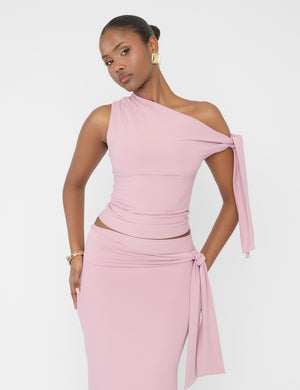 Knot Detail Asymmetric Luxe Slinky One Shoulder Top Mauve