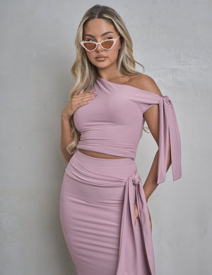 Knot Detail Asymmetric Luxe Slinky One Shoulder Top Mauve