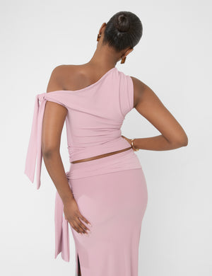 Knot Detail Asymmetric Luxe Slinky One Shoulder Top Mauve