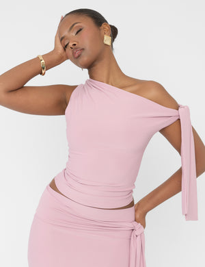 Knot Detail Asymmetric Luxe Slinky One Shoulder Top Mauve