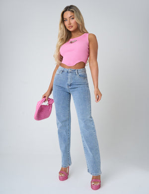 Diamante Heart Trim Crop Top Pink