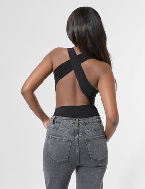 Cross Over Back Detail Luxe Slinky Bodysuit Black