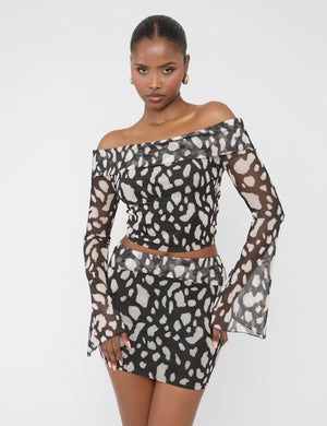 Mesh Bardot Fold Over Long Sleeve Crop Top Animal Print