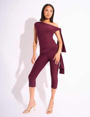 Knot Detail Tie Side Luxe Slinky Capri Pants Burgundy