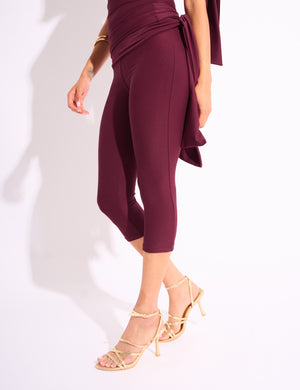 Knot Detail Tie Side Luxe Slinky Capri Pants Burgundy