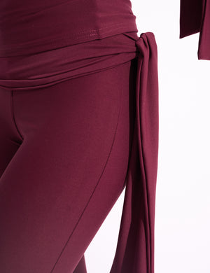 Knot Detail Tie Side Luxe Slinky Capri Pants Burgundy