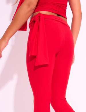 Knot Detail Tie Side Luxe Slinky Capri Pants Red