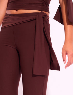 Knot Detail Tie Side Luxe Slinky Capri Pants Chocolate