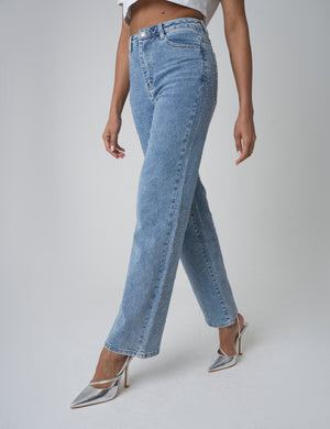 Clear Diamante Straight Fit High Rise Demin Blue Jeans