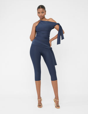 Knot Detail Tie Side Luxe Slinky Capri Pants Navy