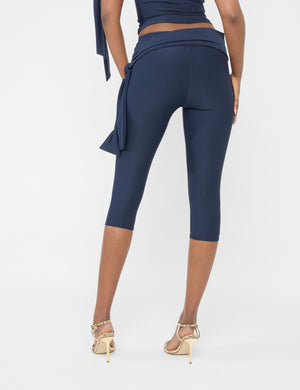 Knot Detail Tie Side Luxe Slinky Capri Pants Navy