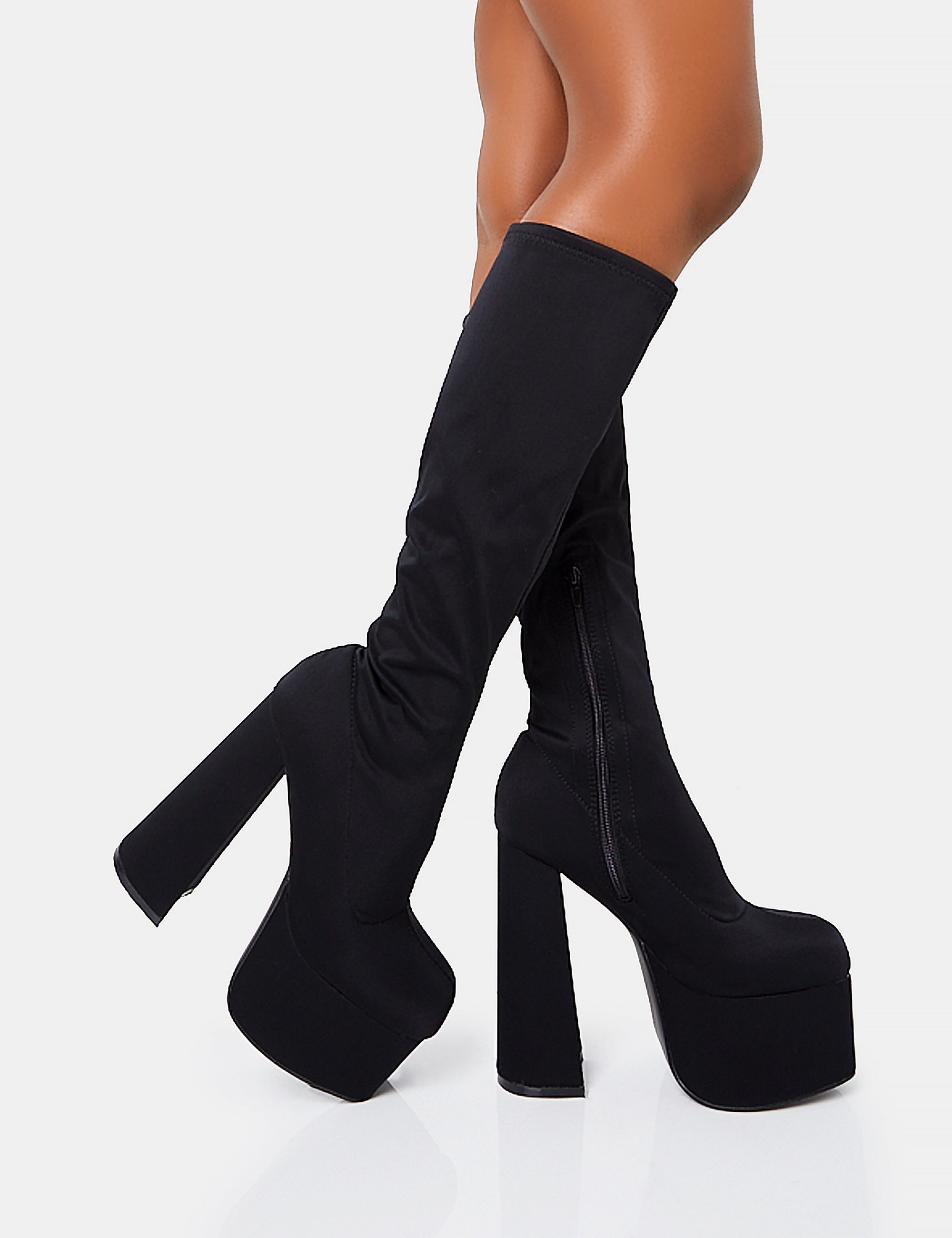 Polished Black Nylon Platform Rounded Square Toe Block Heeled Knee High Boots Public Desire