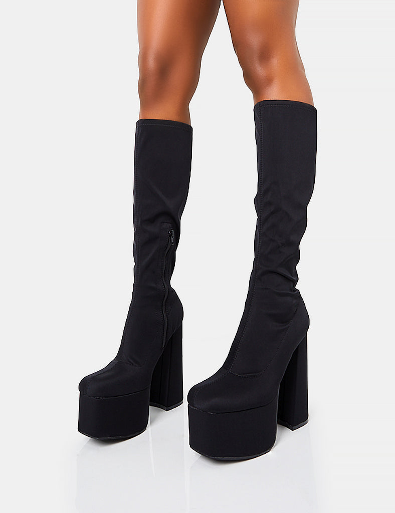 Polished Black Nylon Platform Rounded Square Toe Block Heeled Knee High ...