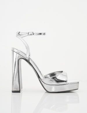 Resist Silver Mirror Peep Toe Barely There Platform Heels