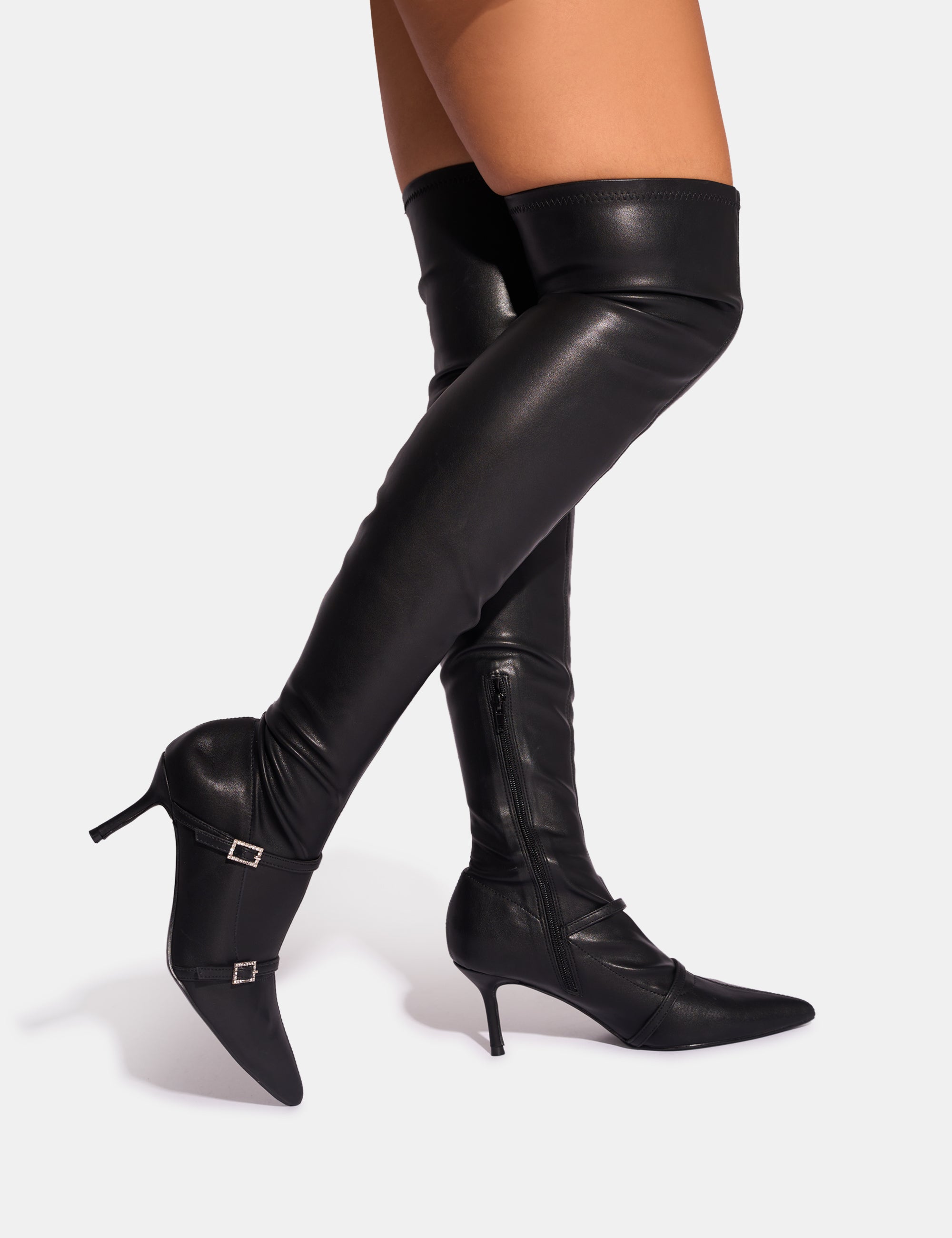 Roulette Black Pointed Toe Diamante Buckle Mid Heel Thigh High Sock Boots Public Desire