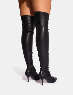 Roulette Black Pointed Toe Diamante Buckle Mid Heel Thigh High Sock Boots