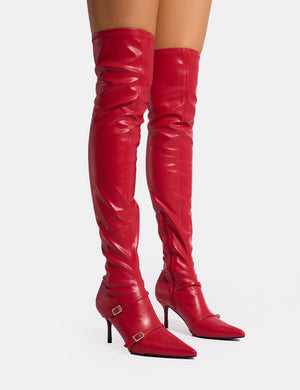 Roulette Red Pointed Toe Diamante Buckle Mid Heel Thigh High Sock Boots