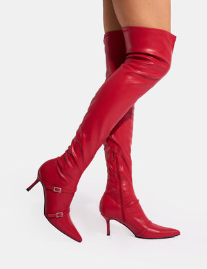 Roulette Red Pointed Toe Diamante Buckle Mid Heel Thigh High Sock Boots