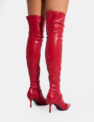 Roulette Red Pointed Toe Diamante Buckle Mid Heel Thigh High Sock Boots