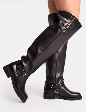 Sagittarius Vintage Black Buckle Detail Over The Knee Boots