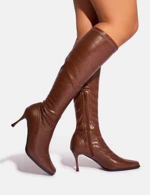 Brown knee high sock boots hotsell