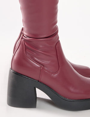 Sensored Burgundy Chunky Sole Sock Over the Knee Boots