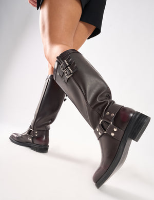 Sirius Burgundy Vintage Buckle Knee Hight Flat Boots