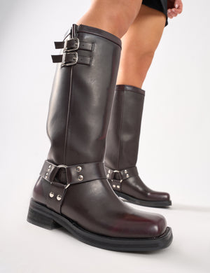 Sirius Burgundy Vintage Buckle Knee Hight Flat Boots