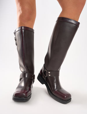 Sirius Burgundy Vintage Buckle Knee Hight Flat Boots Public Desire