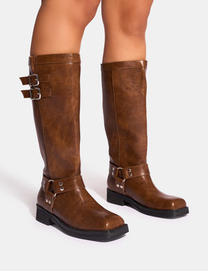 Sirius Tan Vintage Buckle Knee Hight Flat Boots Public Desire