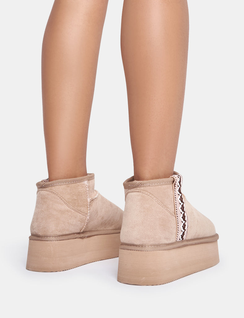 Snowfall Light Beige Faux Suede Aztec Trim Ultra Mini Ankle Platform Boots Public Desire