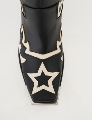 Starrie Black Pu Metal Square Toe Heeled Cowboy Ankle Boots