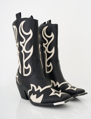 Starrie Black Pu Metal Square Toe Heeled Cowboy Ankle Boots