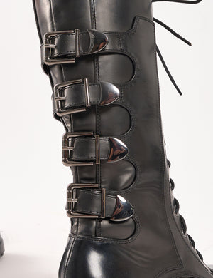 Vex Black Multi Buckle Detail Lace Up Knee High Boots