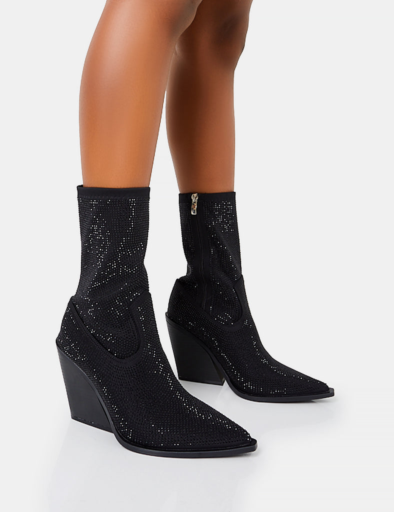 Wild One Black Diamante Western Cowboy Pointed Toe Block Heel Ankle Boots Public Desire