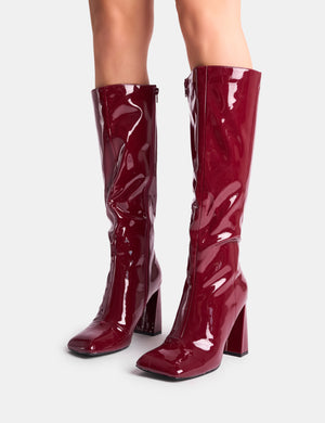 Zoya Burgundy Patent Slant Toe Block Heel Knee High Sock Boots