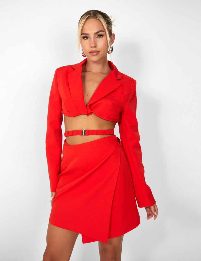 Kaiia Wrap Waist Mini Blazer Dress in Red | Public Desire