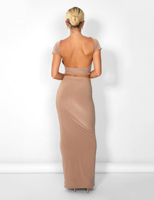 Kaiia Slinky Maxi Skirt Co-ord in Taupe