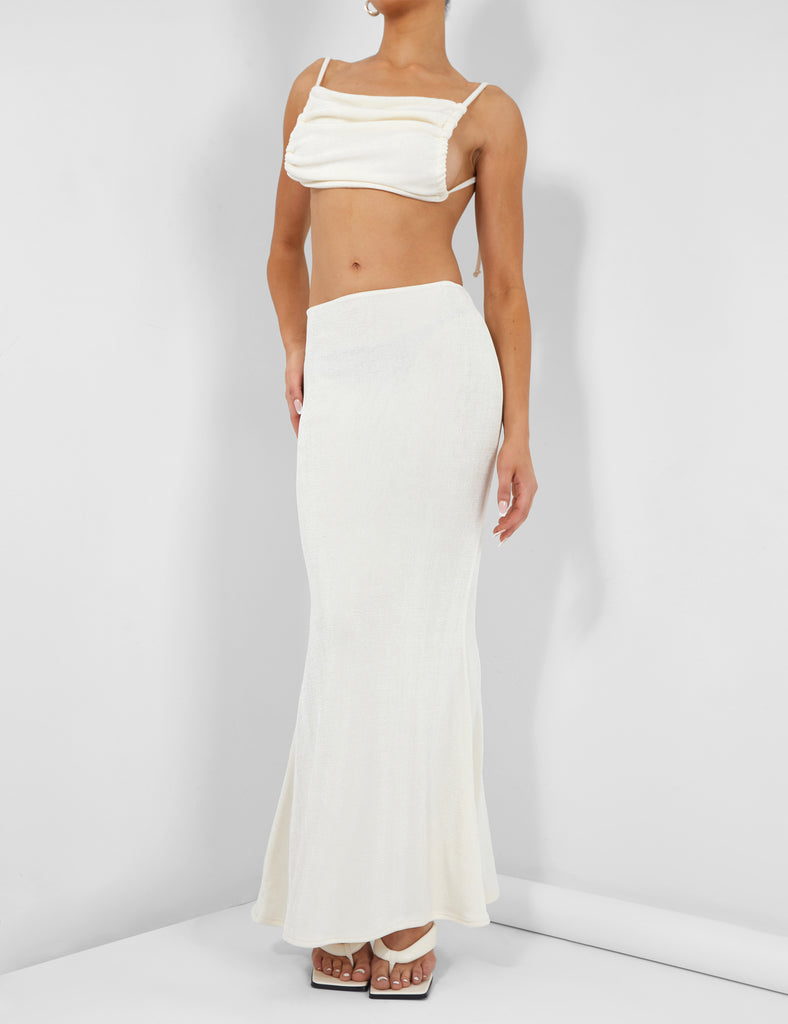 Slinky Ruched Bum Maxi Skirt Ecru | Public Desire