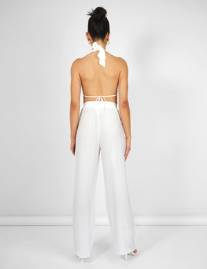 Crinkle Elasticated Waist Wide Leg Trousers White