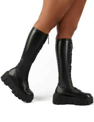 Quest Black Zip Up Chunky Sole Knee High Boots | Public Desire