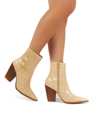 Shannon Beige Patent Croc Ankle Boots