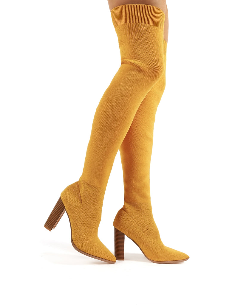 Mustard yellow knee high hot sale boots