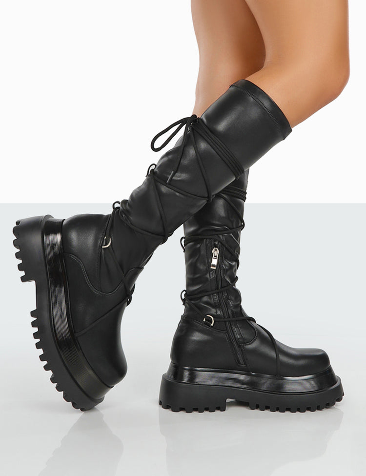 Hype Black Pu Lace up Chunky Sole Knee High Boots | Public Desire